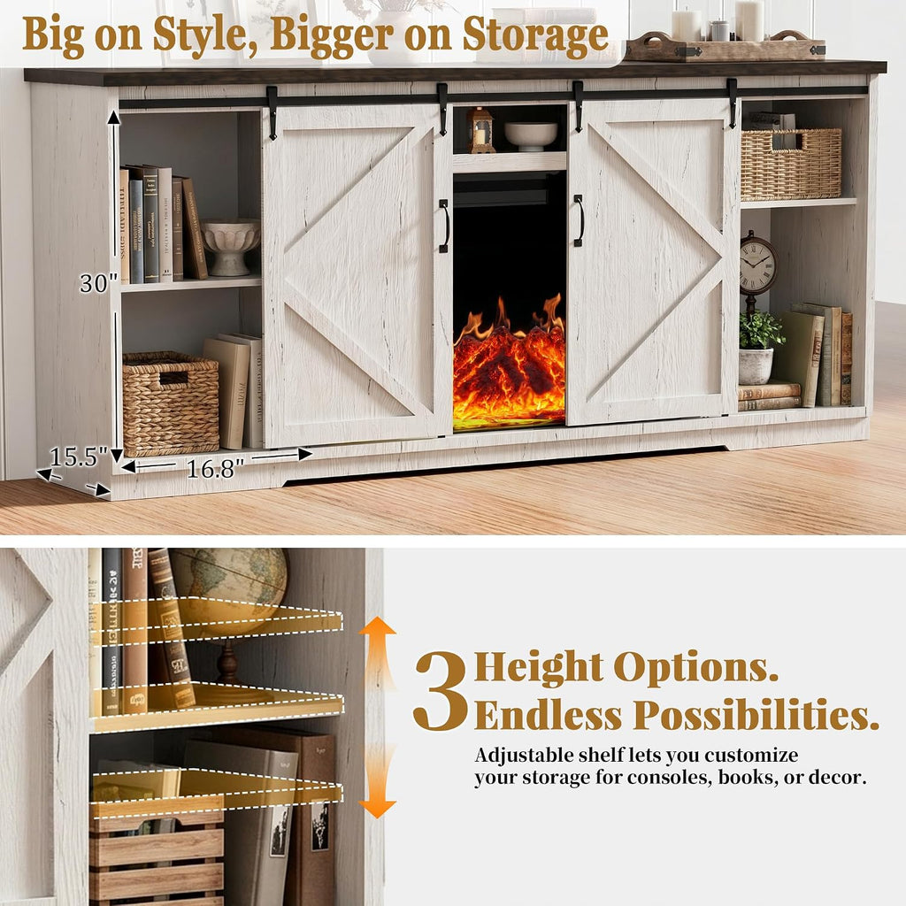 70'' Fireplace TV Stand for 85 Inch TV, 36" Tall Farmhouse Entertainment Center with Electric Fireplace, Rustic Media