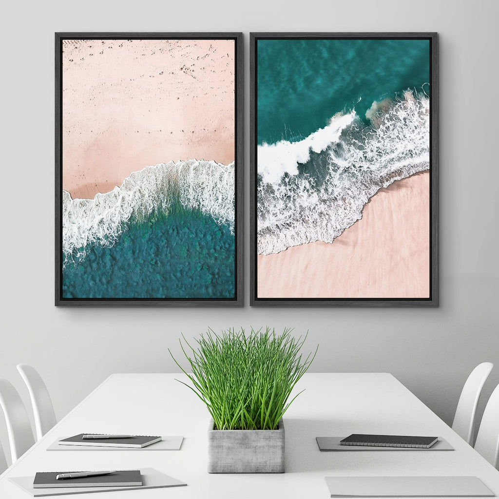 Framed Wall Art Print Set Teal Ocean Waves on Sandy Tropical Beach Shore Wilderness Nature Photography Modern
