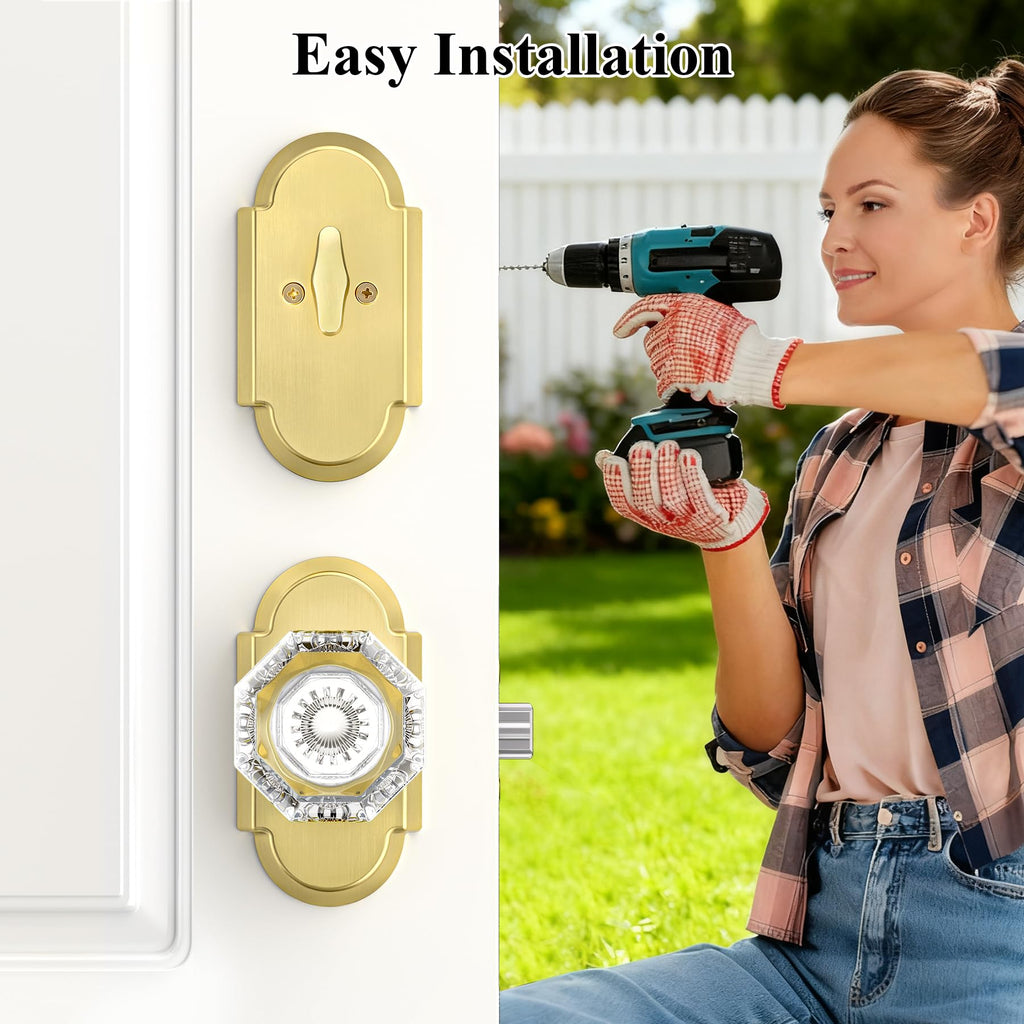 Satin Gold Door Knobs with Deadbolt, Glass Door Knob with Deadbolt Lockset