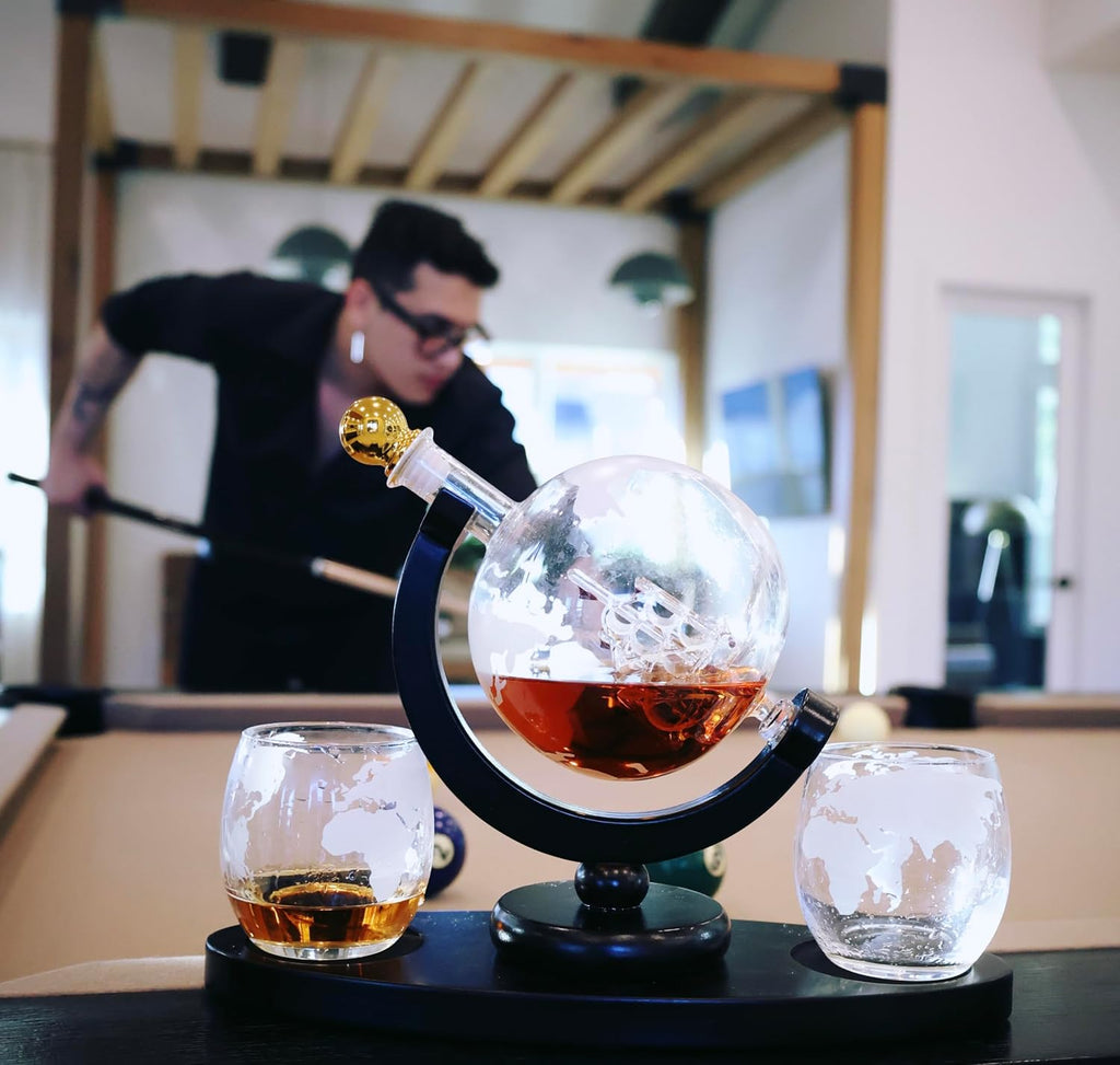 Ry Whiskey Decanter Set for Men, Whiskey Globe Decanter with 2 Etched Glasses, High End Bourbon & Scotch Gift - Set of 7