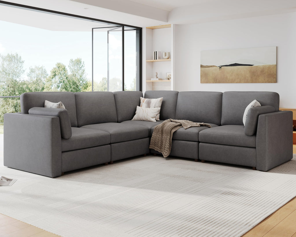 Faux Leather Modular Sectional Sofa Wide V Shaped Couches Gray