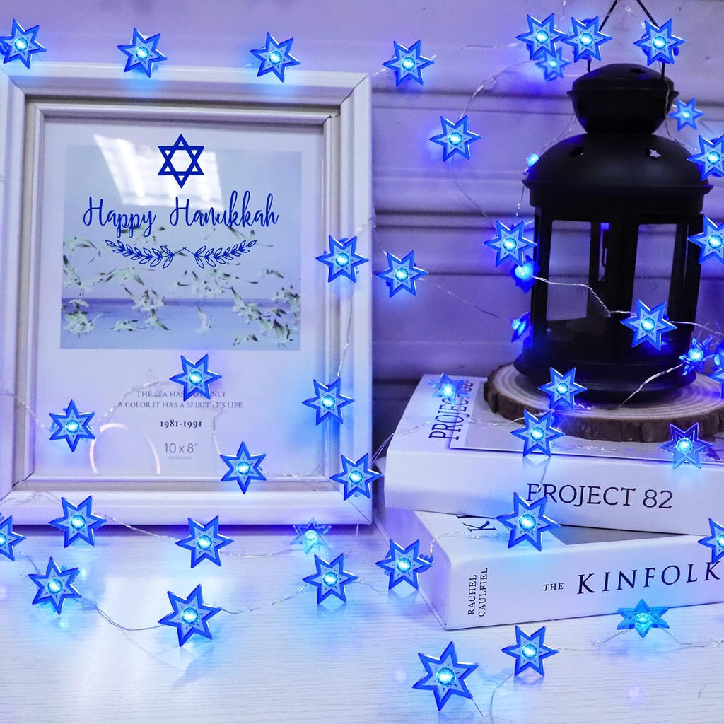 [Timer] 10FT 30LED Hanukkah Decorations Star of David String Lights, Battery Operated Waterproof Blue Lights Hanukkah - Set of 30