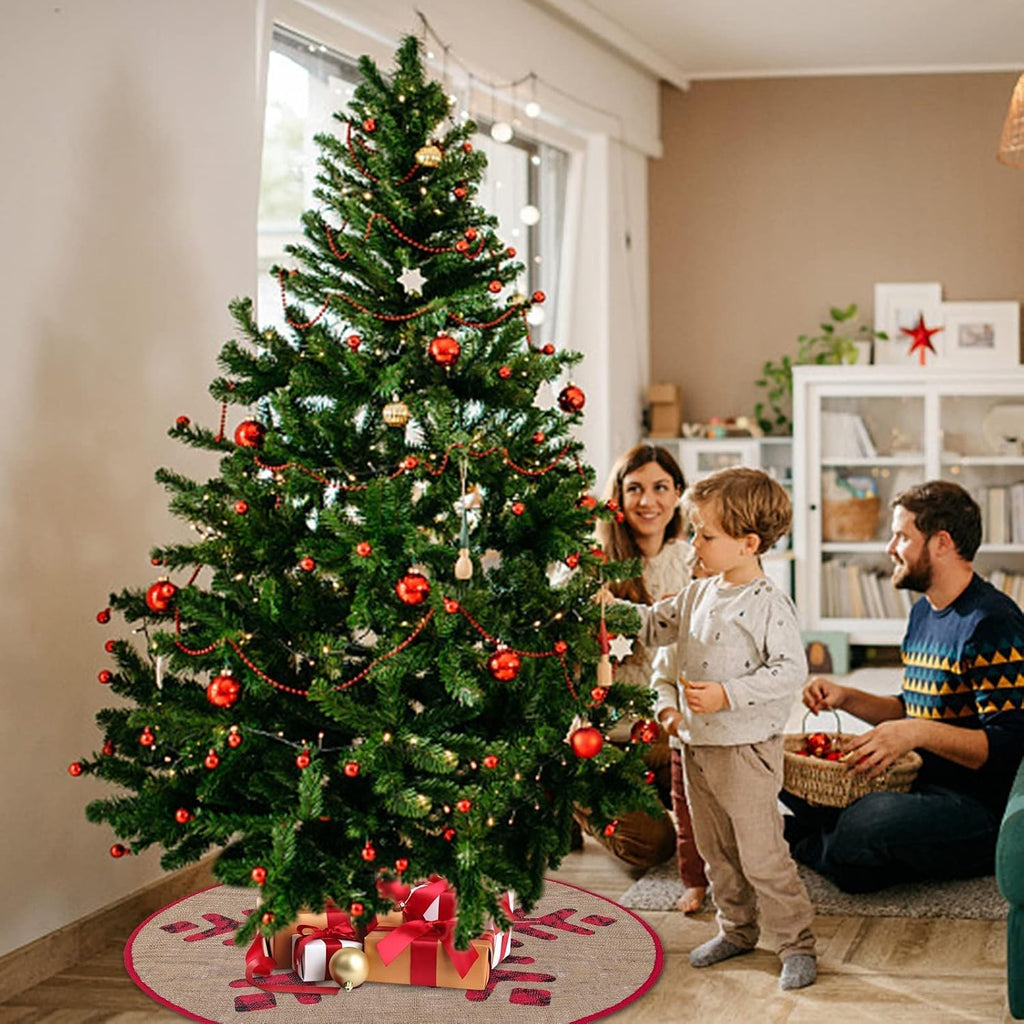Christmas Tree Skirt, 30 Inch Rustic Burlap Tree Skirt with Large Black and Red Plaid Snowflake Printed Christmas