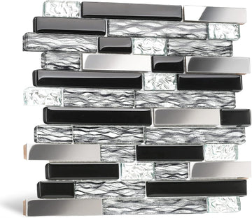 Glass Metal Art Mosaic Silk Black Crystal Glass Chrome Silver Steel Accent Wall Border Kitchen Bath Backsplash Tile