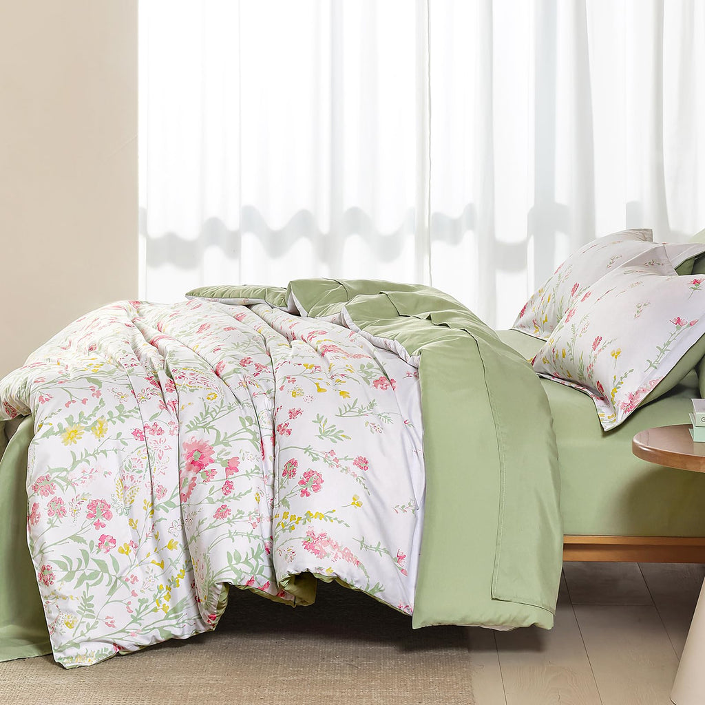 7 Piece Pink Green Floral Comforter Set, Cute Botanical Comforters Lightweight Coquette Bedding Set Flower