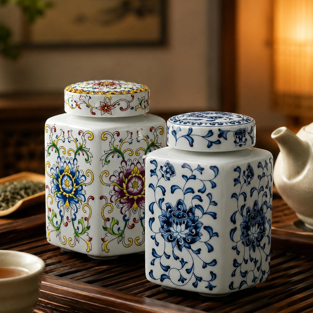 200 ml Small Ceramic Tea Canister with Lid, Decorative Chinoiserie Ginger Jar with Cork Stopper Countertop Decor