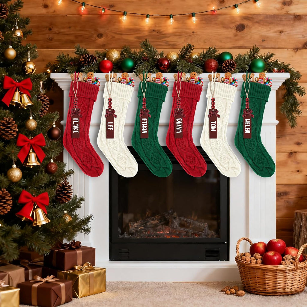 Inch Large Cable Knitted Xmas Stockings with DIY Name Tags, Hanging Stocking Decor for Family Fireplace - Set of 6