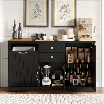 55" Farmhouse Buffet Storage Cabinet with Tilt Out Trash Cabinet, Black