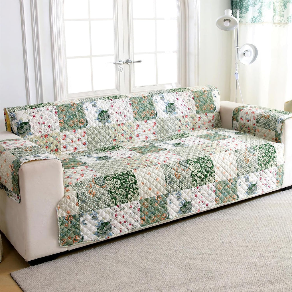 Skidproof Sofa Cover-Green Sofa Slipcover with Elastic Straps-Easy Fit Slip Cover-Patchwork Washable Furniture