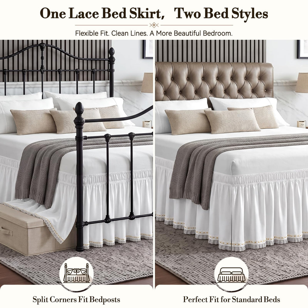 Lace Trim Bed Skirt 15 Inch Drop Split Corners Dust Ruffle