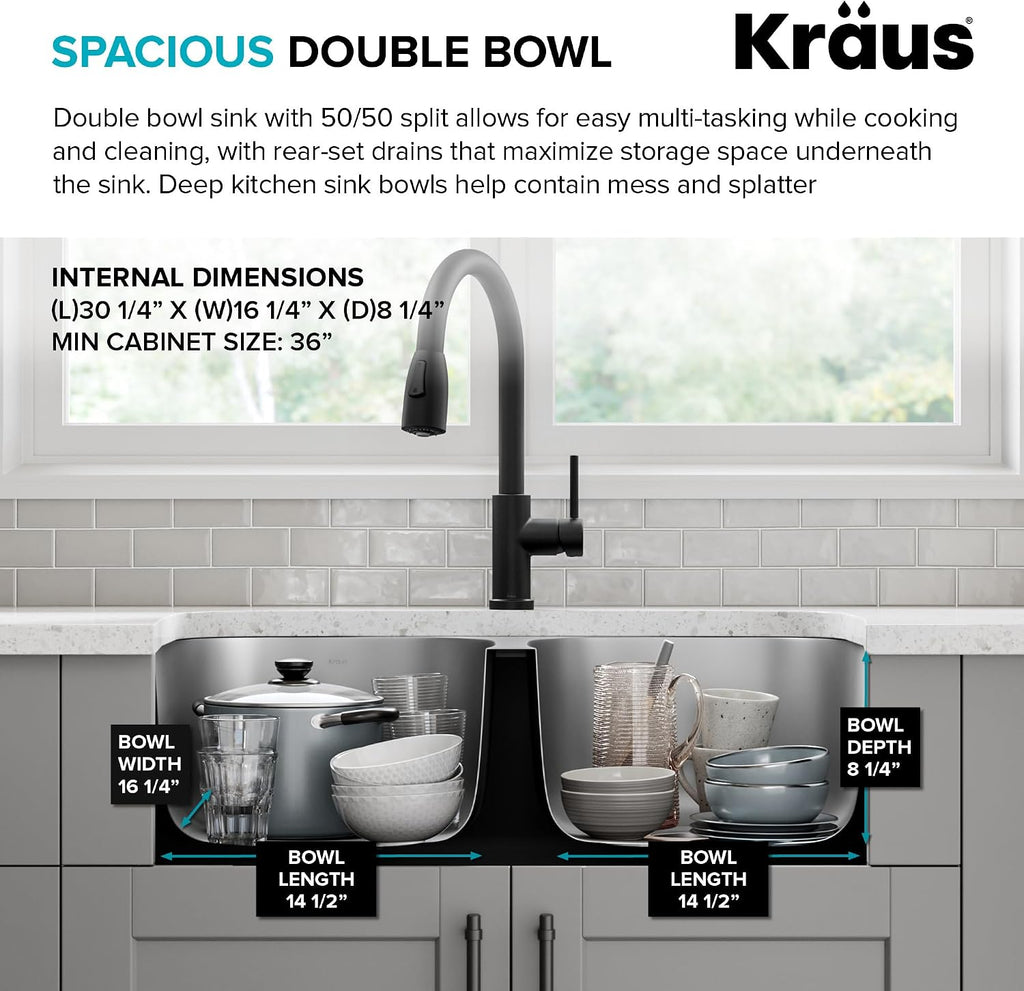 Premier 32-inch Undermount 50/50 Double Bowl 18-Gauge Stainless Steel Kitchen Sink with Strainers (x2), KBU22