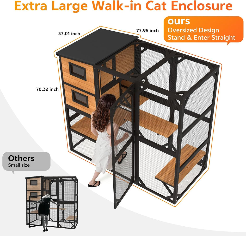 Oversized Catio Outdoor Cat Enclosure, Wooden 4 Tiers Cat Enclosures with Weatherproof Roof, Large Cat Patio Conect