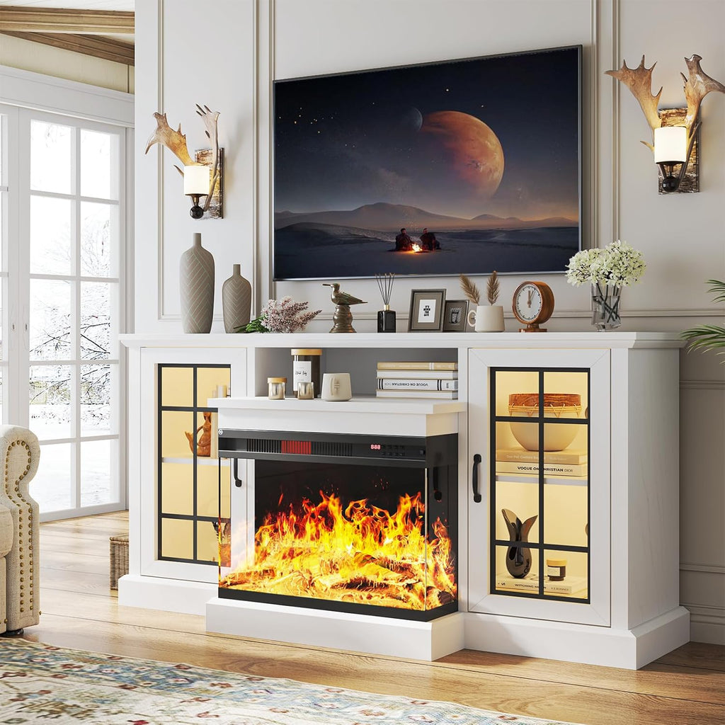 59'' Fireplace TV Stand, 3 Sided Glass Media Entertainment Center Console Table for TVs up to 65'' with Glass Door Adjustable Flame LED Color for Living Room, Set of TV Table, White A132-B0CQTKLWMK