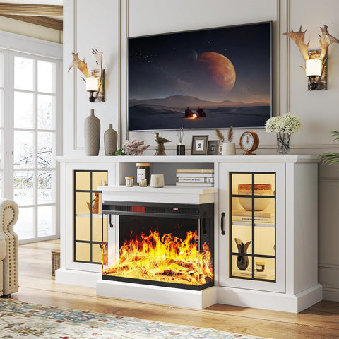 59'' Fireplace TV Stand, 3 Sided Glass Media Entertainment Center Console Table for TVs up to 65'' with Glass Door Adjustable Flame LED Color for Living Room, Set of TV Table, White A132-B0CQTKLWMK