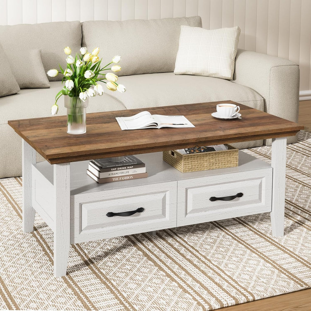 Amada Coffee Table, 39.4" Small Coffee Table with Storage, Open Display Shelf and Hidden Drawers