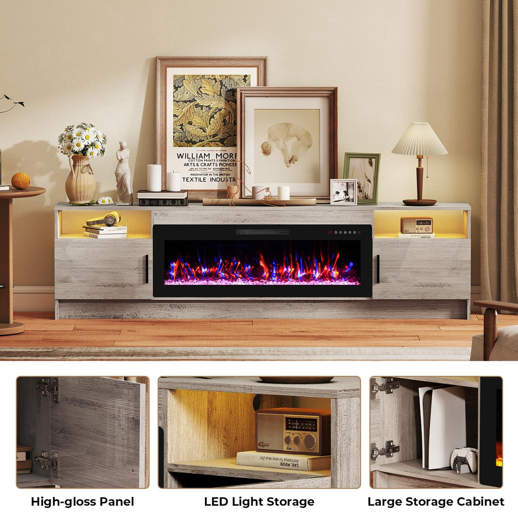 Electric, 80" TV Fireplace Stand Entertainment Center Console with 42" Electric Heater, LED Light/Storage Cabinet