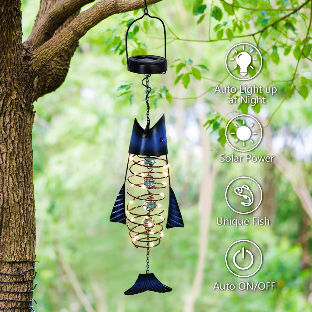 Patio Deals Solar Lanterns Outdoor Waterproof, Fish Lantern Lights, Metal Hanging Garden Decor & Yard, Gifts for