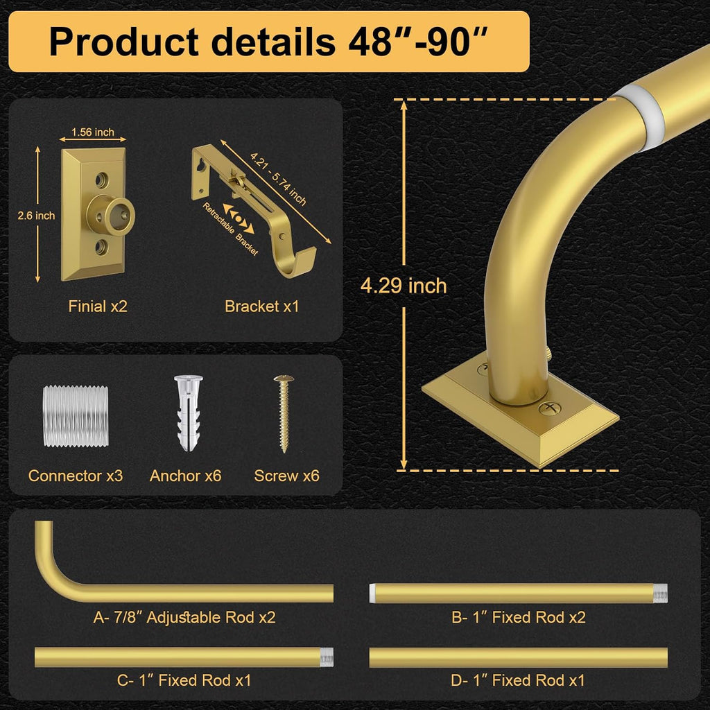 Gold Curtain Rods, Heavy Duty Wrap Around Curtain Rod for Windows 48 to 84 Inch, Adjustable Decorative Blackout