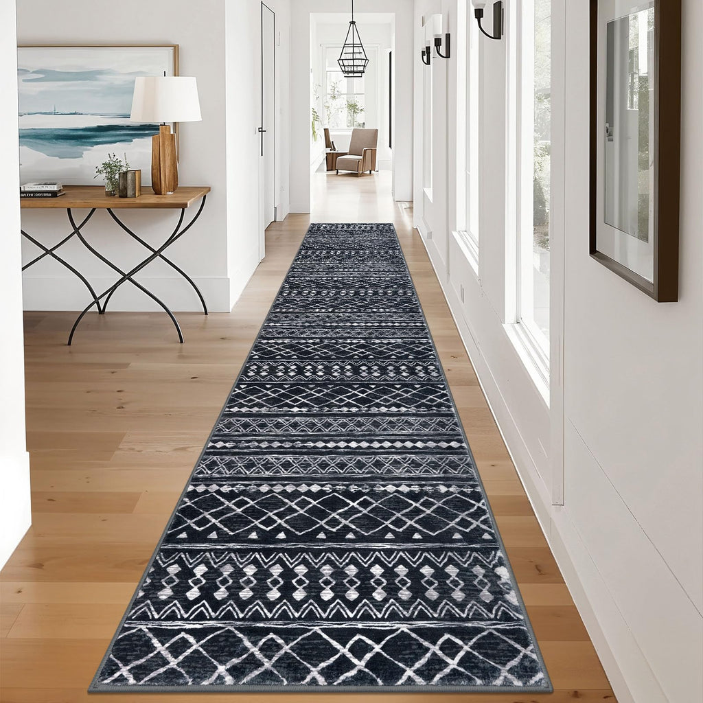 Hallway Runner Rug 2.6x12 Washable, Moroccan Vintage Black Boho