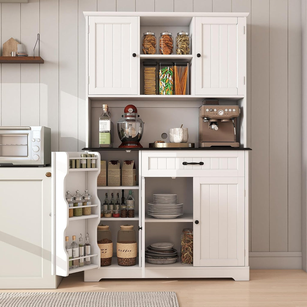 Tall Kitchen Storage Cabinet with Door and Shelves White and Black | Kitchen Pantry Cabinet with Storage 67" Large