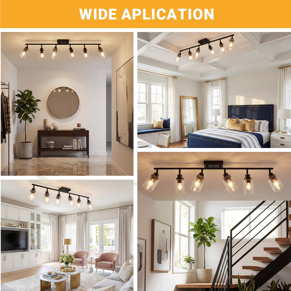 Track Light Fixture, Black Bathroom Lighting Fixture Ceiling with Seeded Glass, Multi-Directional Ceiling