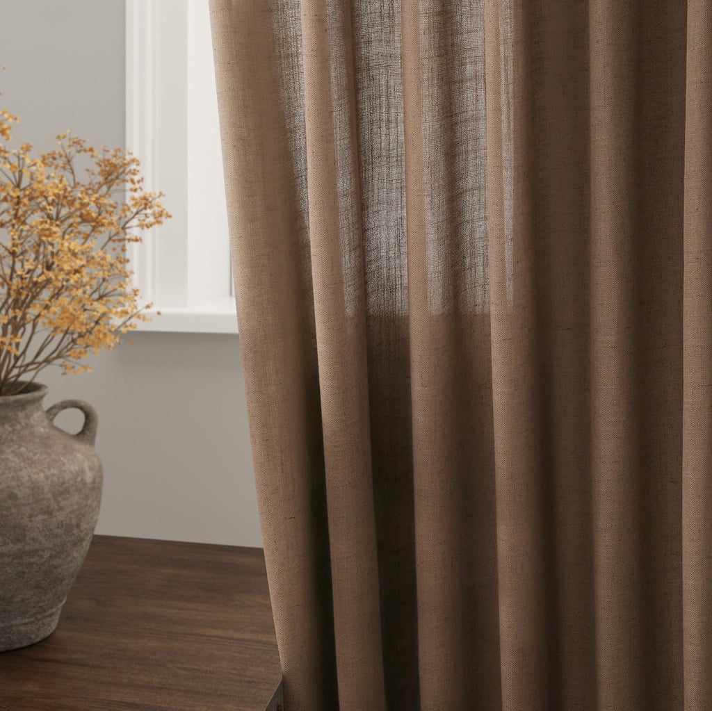 Caramel Brown Linen Curtains 84 Inches Long Back Tab Light Filtering Privacy Semi Sheer Drapes Modern Farmhouse Decor