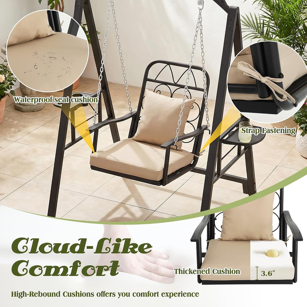 Porch Swing with Stand, Heavy-Duty Metal Patio Swing with Cup Holder | Outdoor Swings Chair for adults with Soft