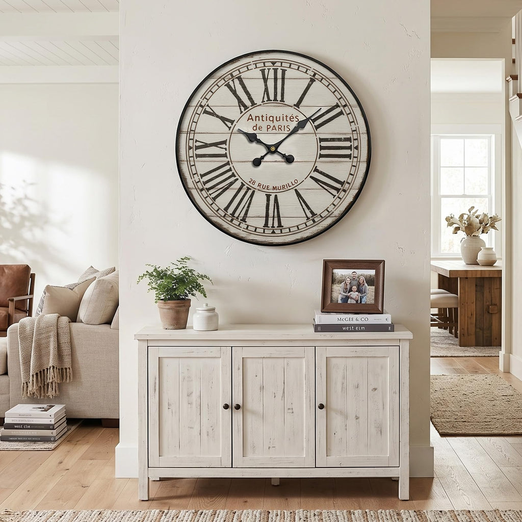 30 Inch Large Farmhouse Wall Clock, Vintage Distressed White