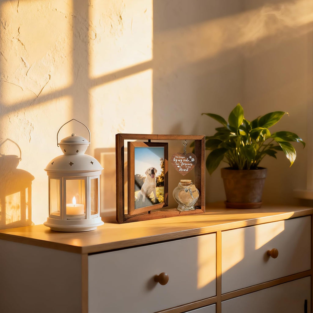 Dog Memorial Gifts for Loss of Pet - Rotating Wooden Frame for 4x6 Photo & Fur Hair Jar - Sympathy Gift for Pet