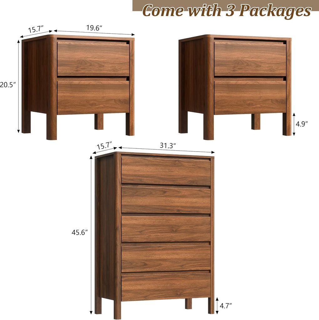 Walnut Mid-Century Modern 3 Piece Bedroom Furniture Set, 6 Drawer Dresser with Handleless Wood Grain Design and