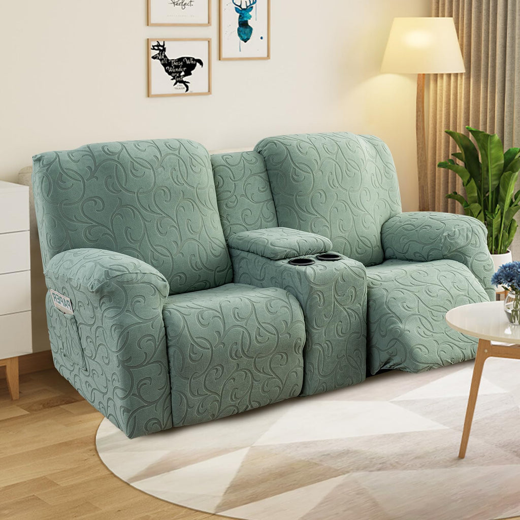 Recliner Loveseat Cover with Center Console, 2 Seater Jacquard Recliner Sofa Slipcover with Pockets Washable Stretch