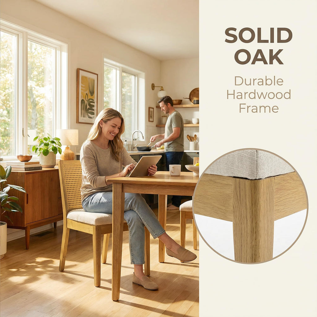 Farmhouse Rattan Dining Chairs Set of 6, Natural Solid Hardwood Frame, Upholstered Linen Seat, Ergonomic Cane Back