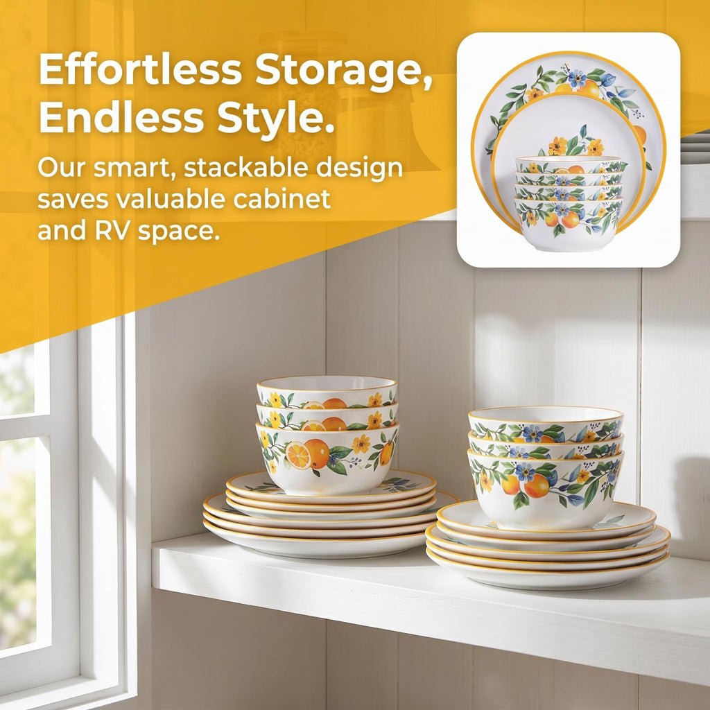 Lemon Dinnerware Set for 4, 12-Piece Melamine Plates and Deep Bowls