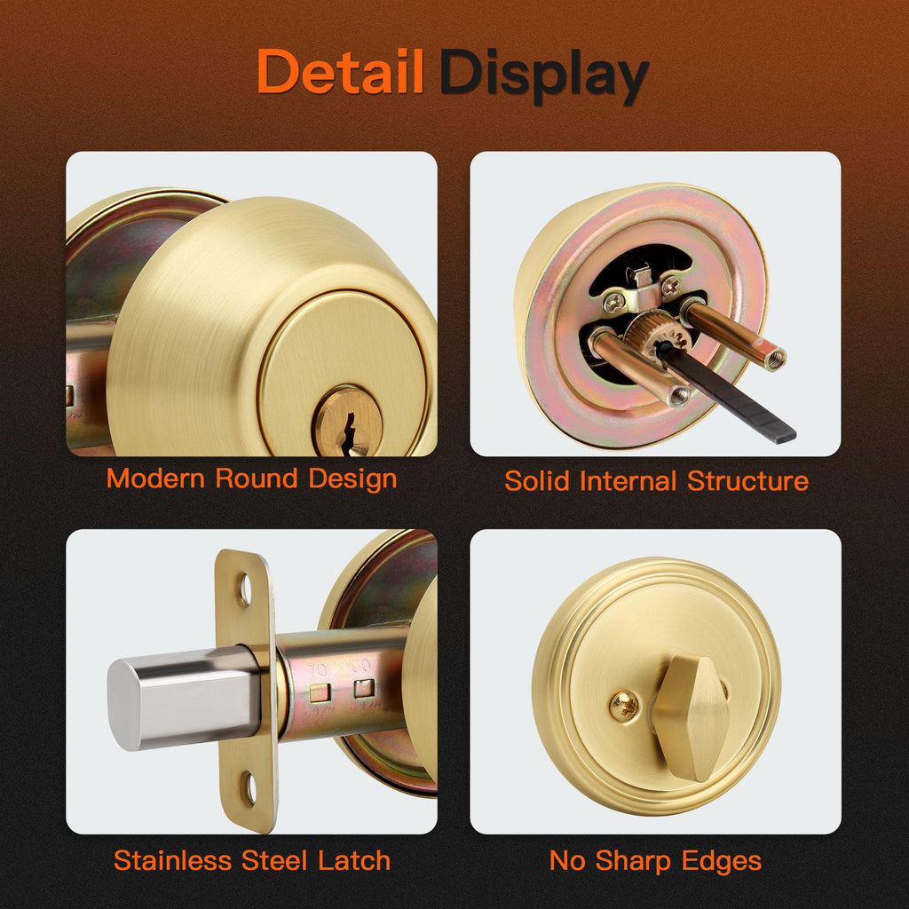 Single Cylinder Deadbolt, Keyed Front Door Lock, Satin Brass