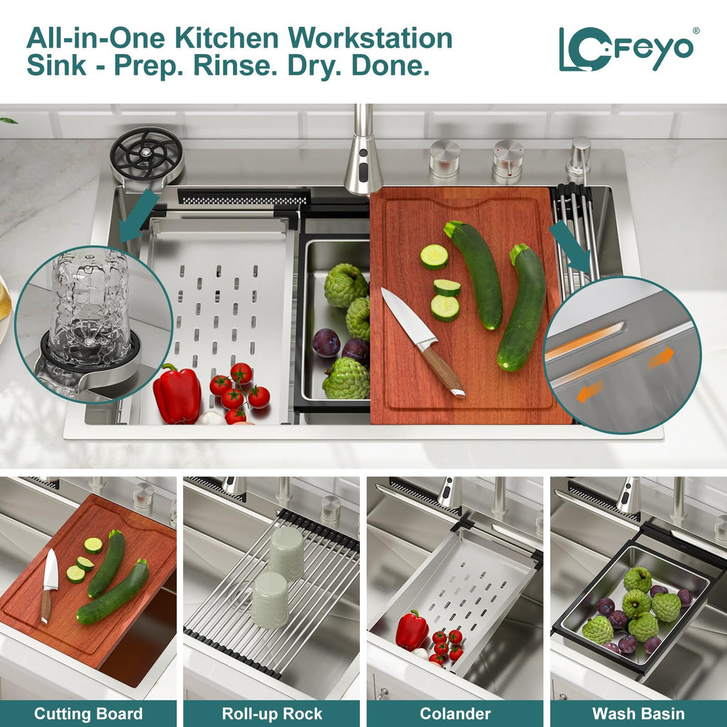 33x22 Inch Waterfall Kitchen Sink Drop In Multifunctional Workstation With Faucet Combo, Topmount 16 Gauge Stainless