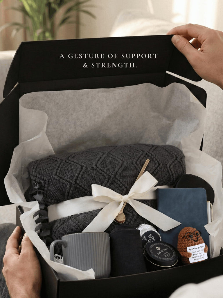 Thoughtful Comfort Care Package for Men & Women - Grey & Navy Gift Box with Knitted Blanket, Ceramic Mug & Positive
