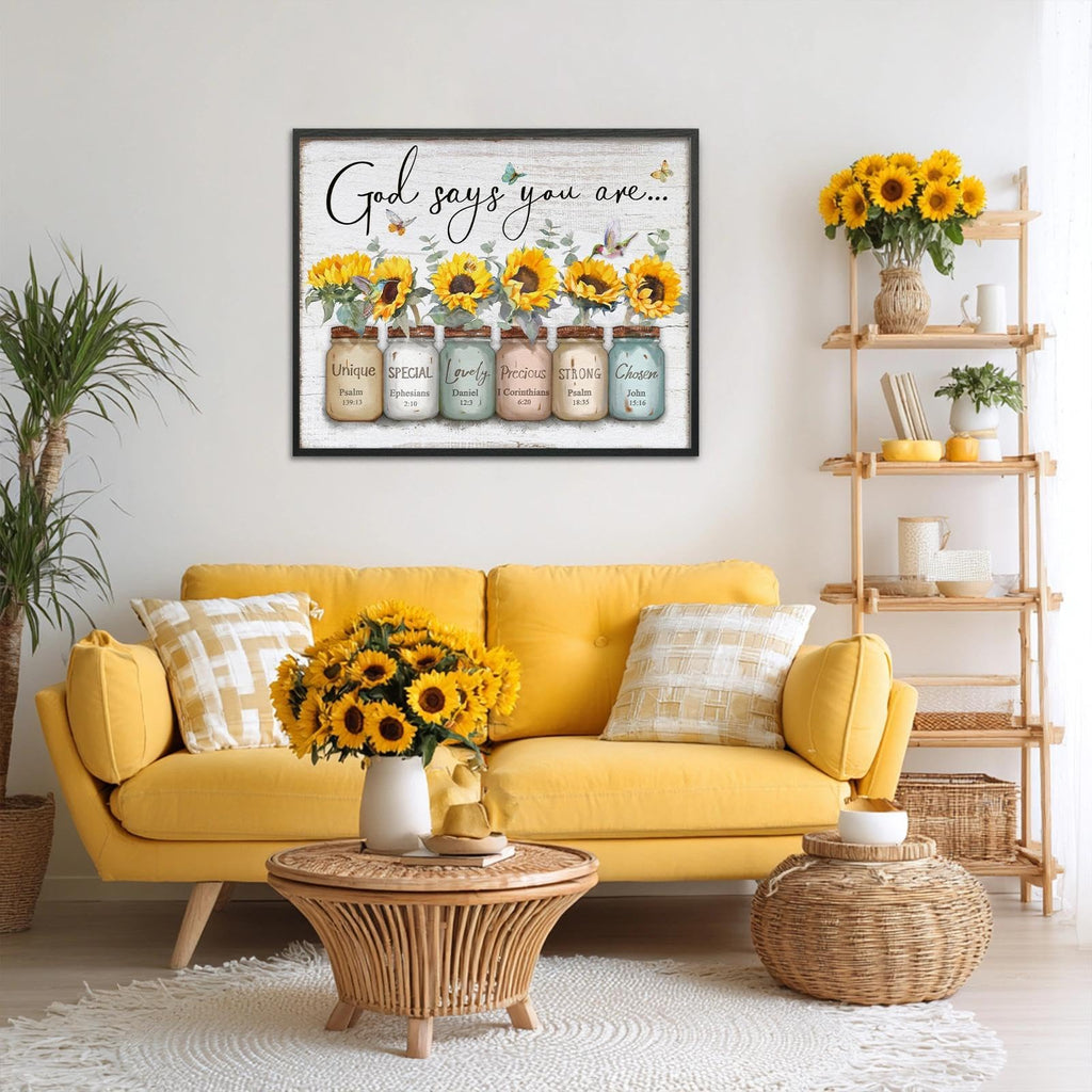 Inspirational Bible Verse Wall Art: God Says You Are Wall Sayings Sunflower in Mason Jar Picture Print Christian Gift