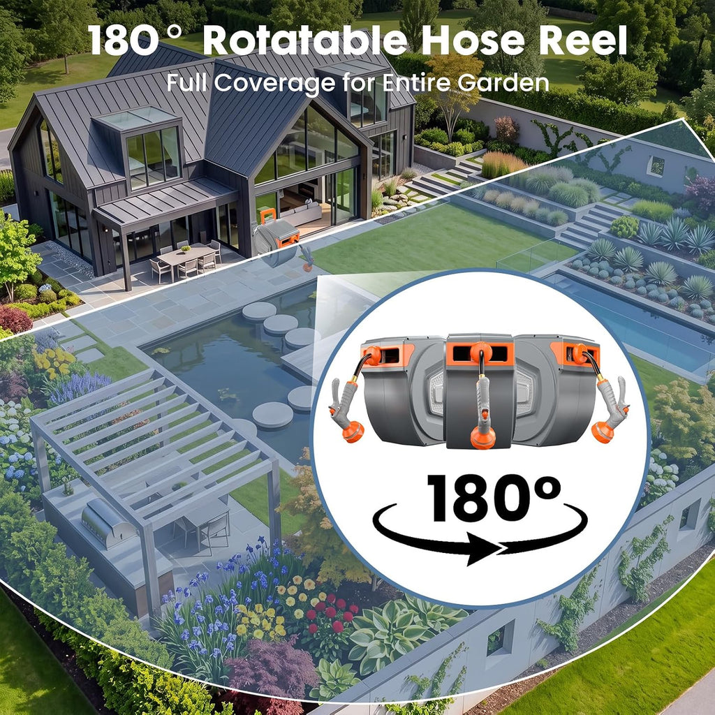 Retractable Garden Hose Reel, 1/2 in X 65 ft Water Hose with Nozzle | Automatic Heavy Duty Wall Mounted, 9 Pattern