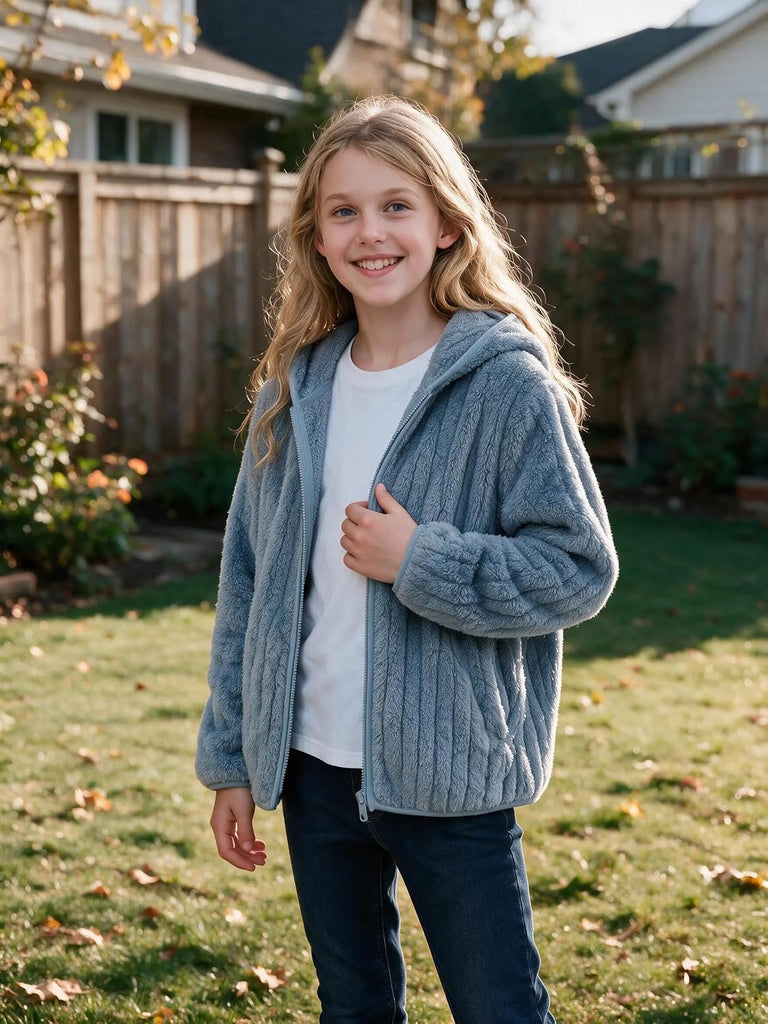 Girls Zip Up Hoodie Fall Fleece Lightweight Jacket for Kids Winter Fashion Sherpa Coat with Pocket