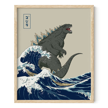 Japanese Wall Art - King of Monsters Poster, Great Wave, Beige Frame 16x20