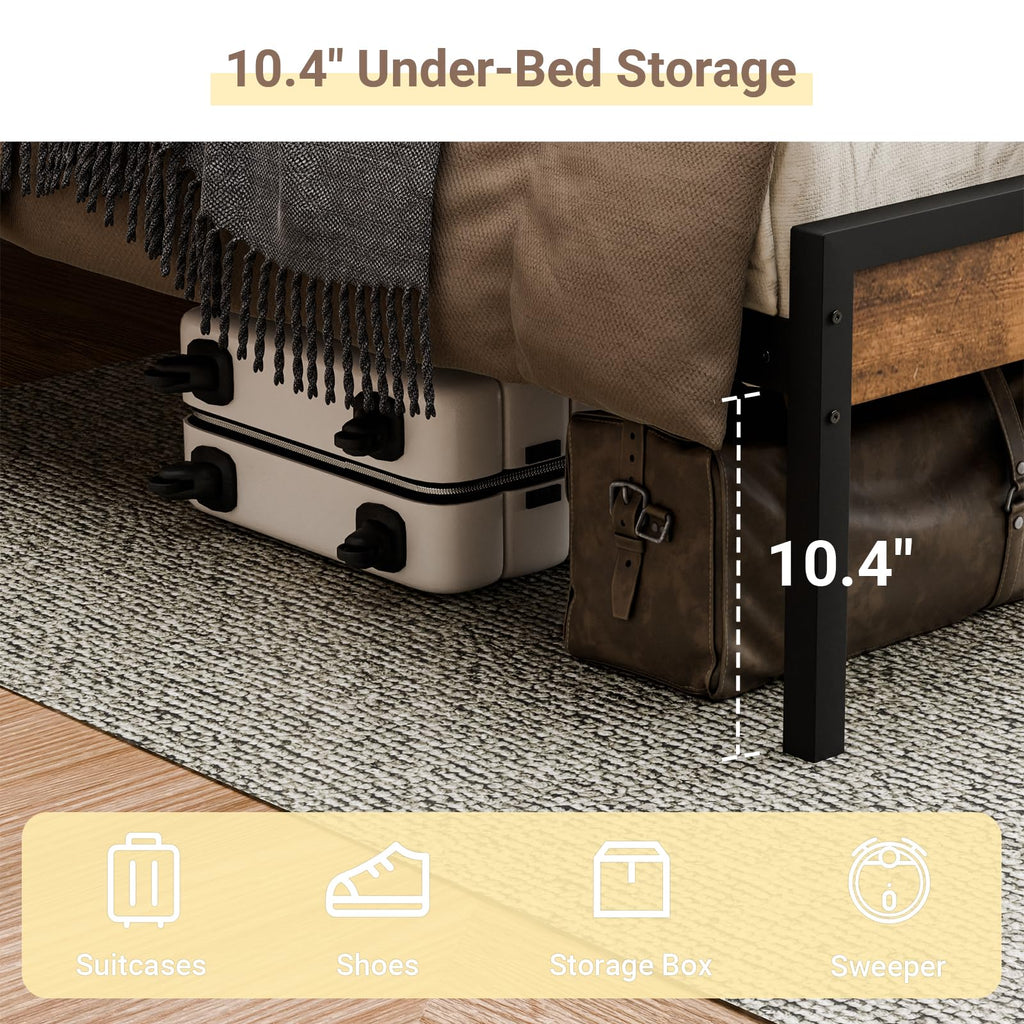 Bed Frame with Headboard, with Charging Station, Metal Platform Bedframe No Box Spring Needed