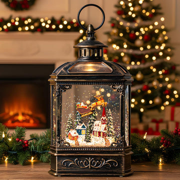 Christmas Snow Globe Lighted Church & Flying Santa Scene, Musical Snow Water Lantern Swirling Glittering Home