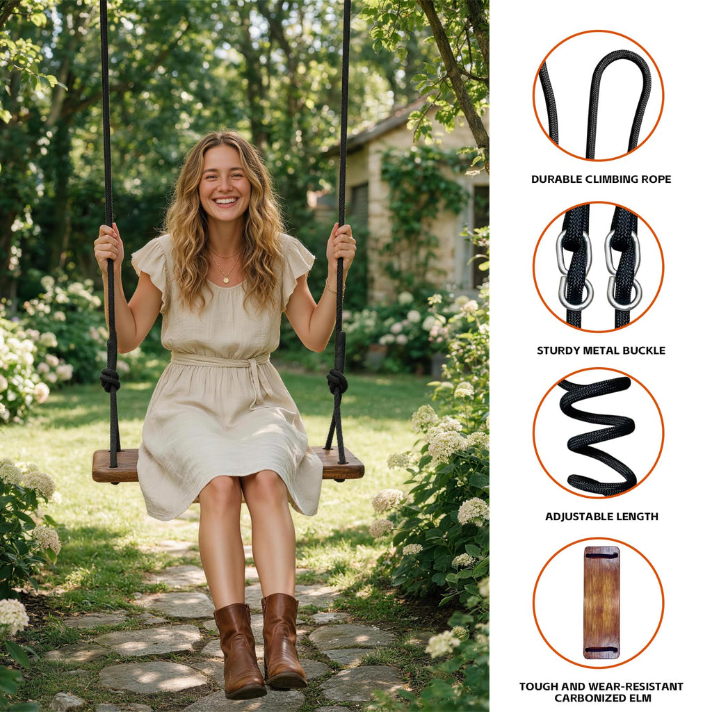 Hanging Wooden Tree Swing with Adjustable Climbing Rope & Tree Straps