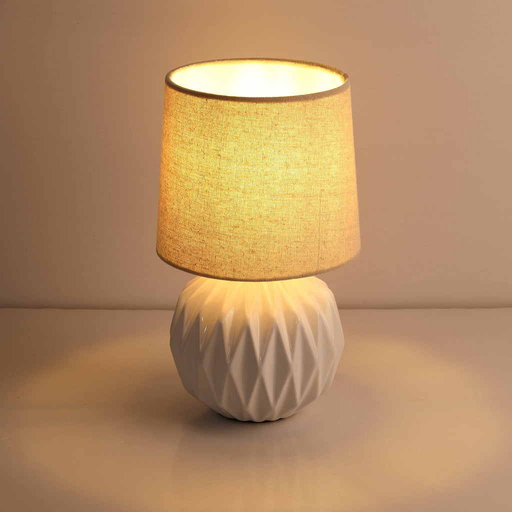 White Ceramic Table Lamp, Geometric Textured Small Bedside Lamp with Linen Shade, Mid Century Modern Nightstand Lamp
