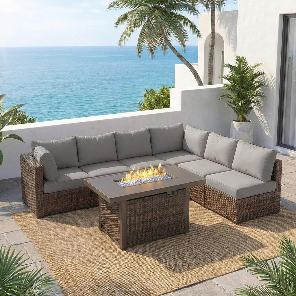 7 Piece Patio Furniture Set with 42" Fire Pit Table Outdoor Sectional Conversation Sofa Set with Comfortable Cushions