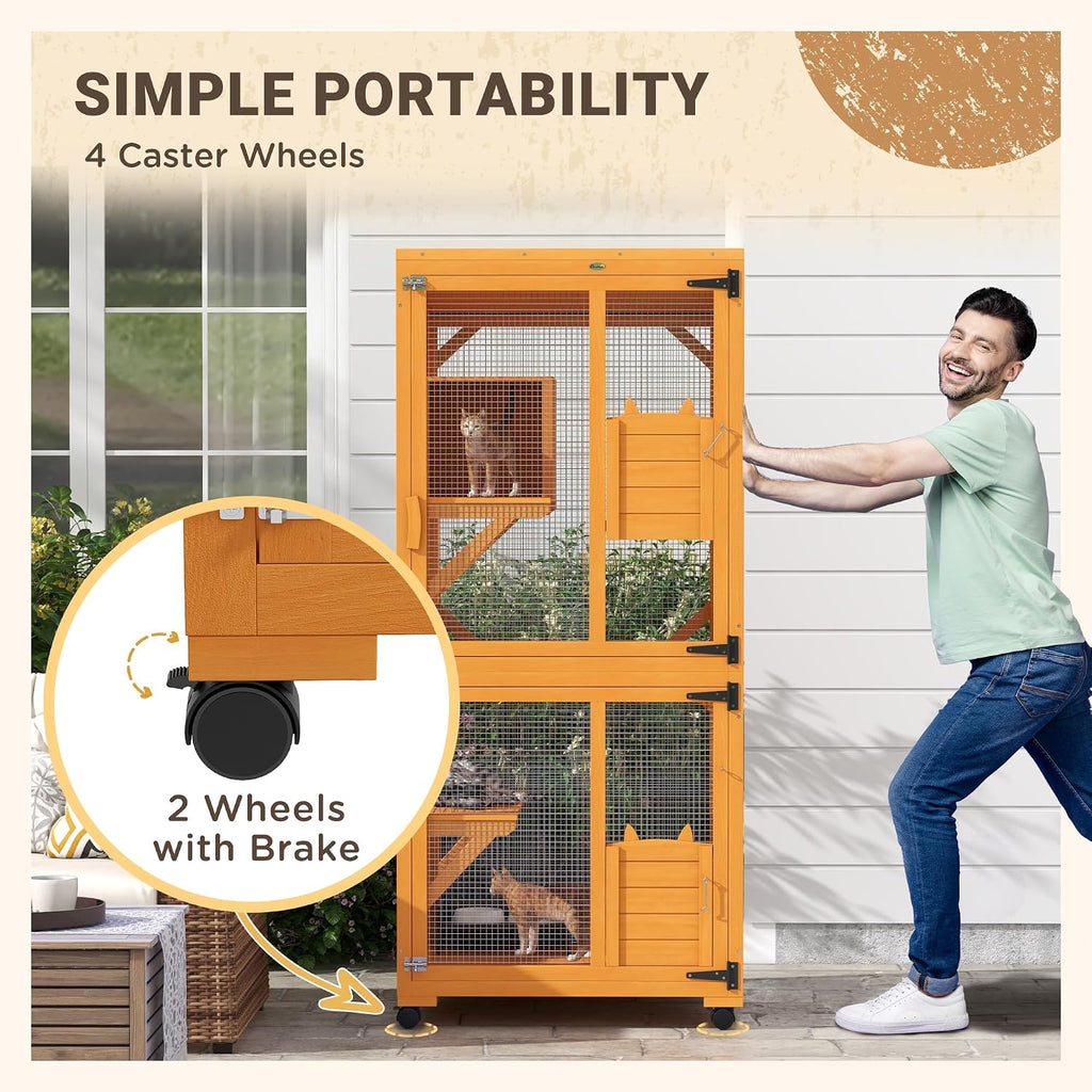 Wooden Catio with Waterproof Roof, Large Cat House with High-Up Resting Box, Indoor & Outdoor Cat Enclosure
