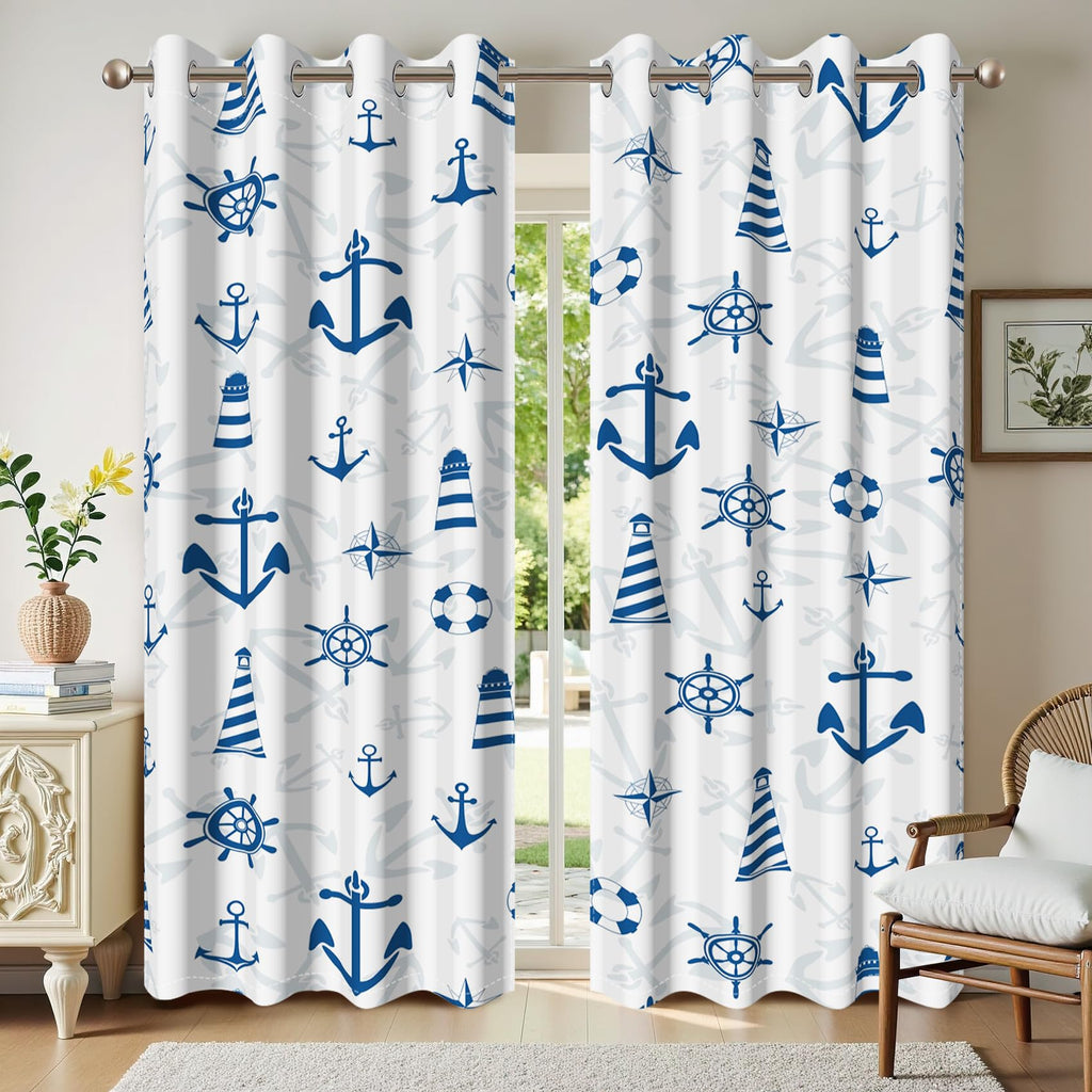 White Blue Nautical Curtains Marine Theme Anchor Compass Sailing Element Blackout Grommet Window Drapes for Adults