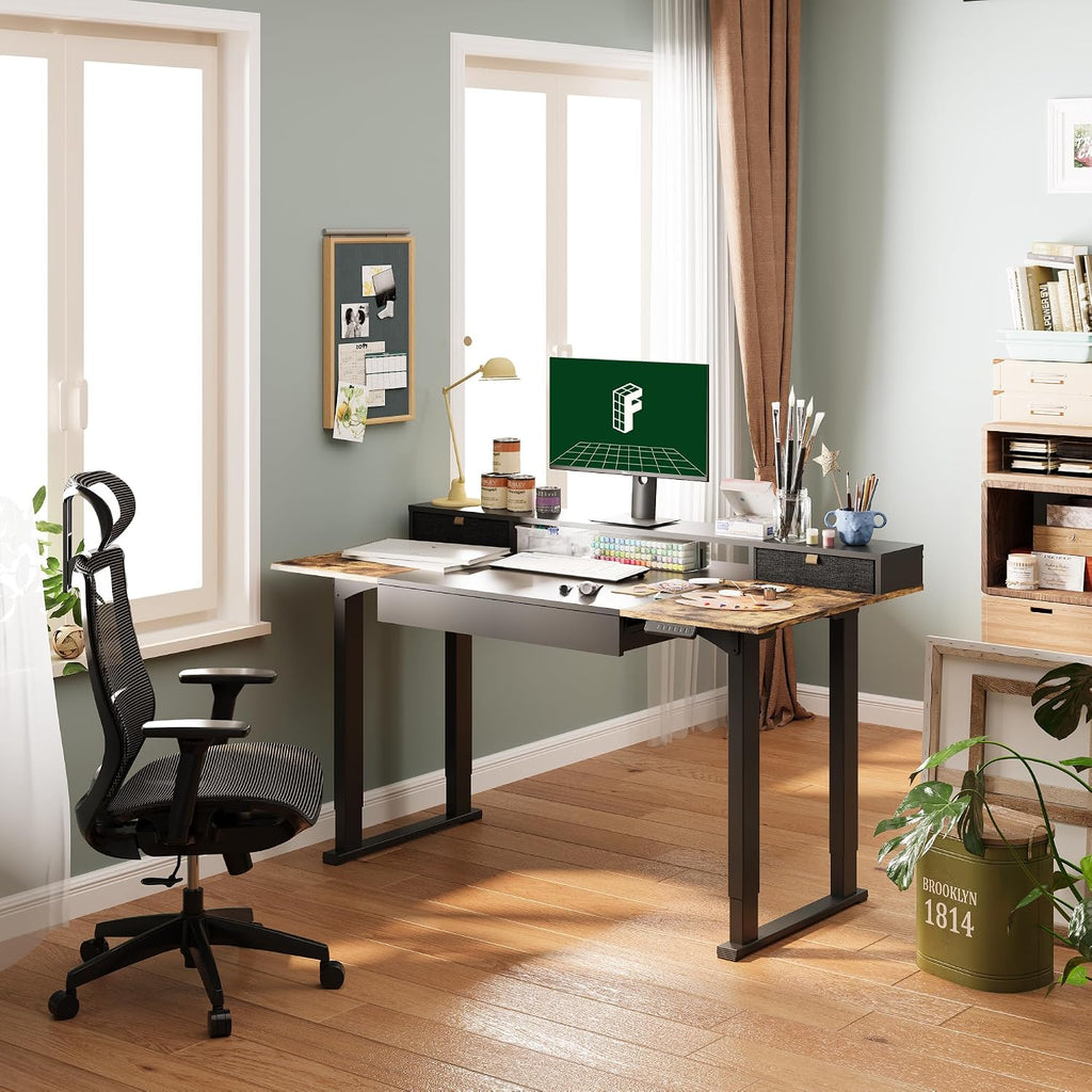 4-Leg Standing Desk with Storage, 63"x32", Black | Electric Adjustable Height, 3 Drawers & Shelving, Storage, Home