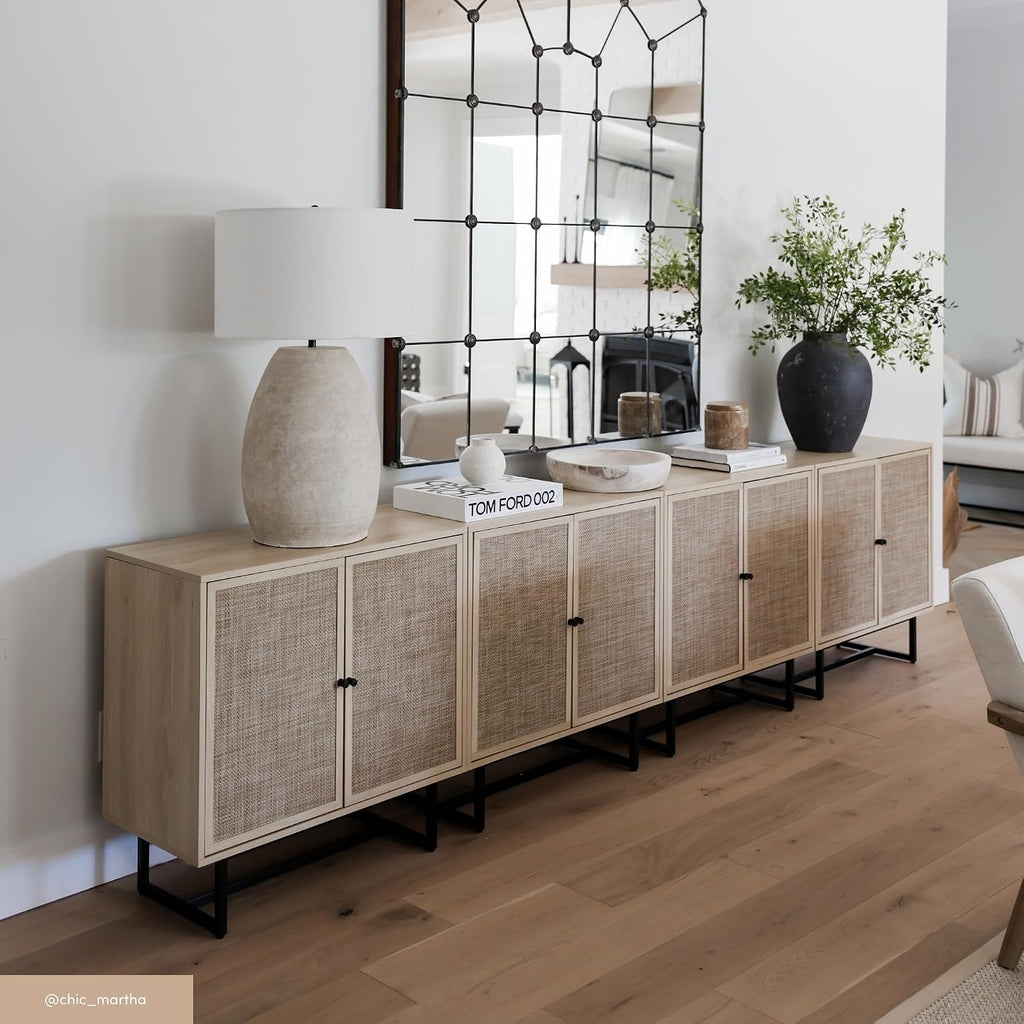 Kova Accent Sideboard Storage Cabinet in Light Wood and Rattan with Metal Frame, Adjustable Shelves and Cane Doors