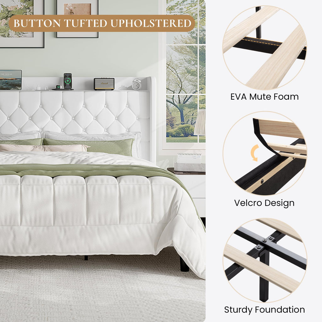 King Size Platform Bed Frame with Charging Station, Velvet Wingback Headboard with Storage Shelf, Wooden Slats